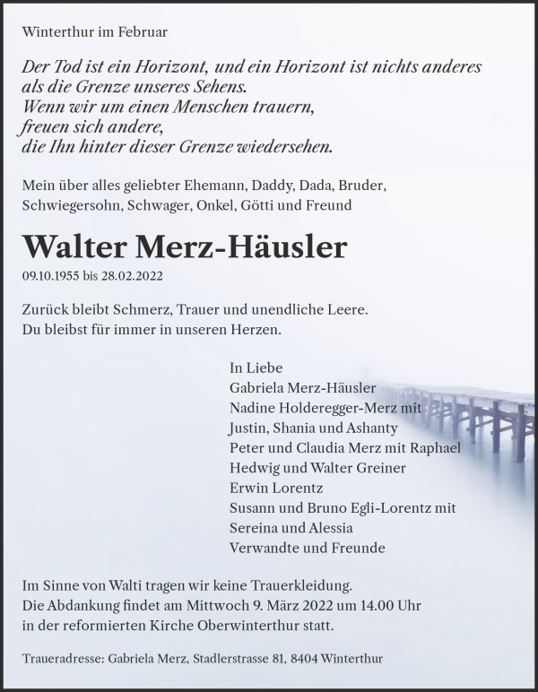 Todesanzeige von Walter Merz-H&auml;usler, Winterthur