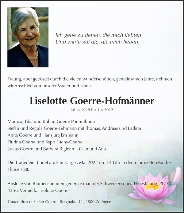 Todesanzeige von Liselotte Goerre-Hofm&auml;nner, Thusis