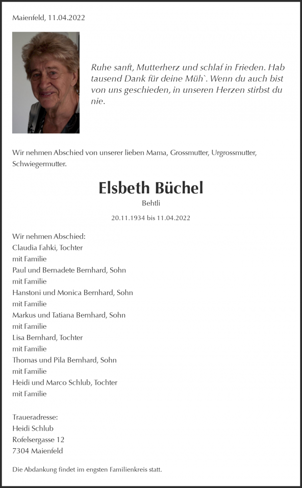 Todesanzeige von Elsbeth B&uuml;chel, Maienfeld