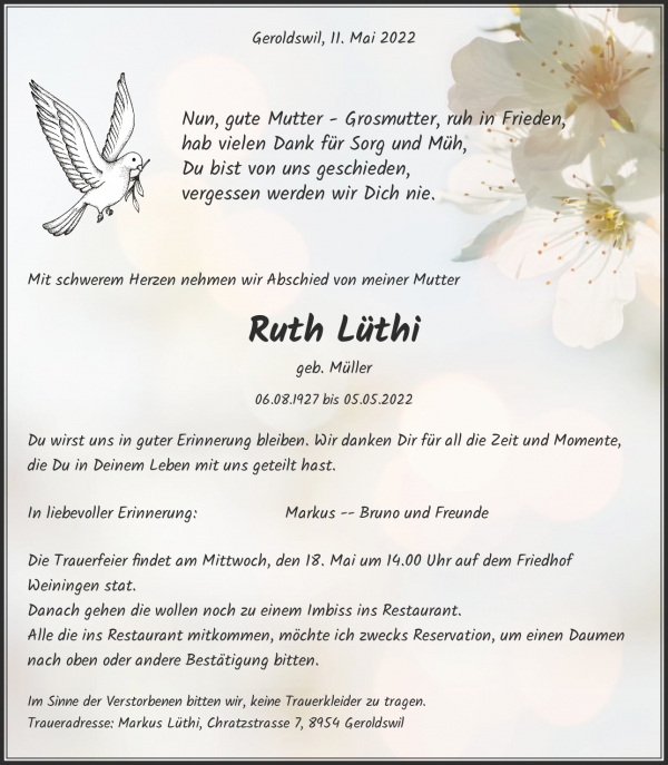 Todesanzeige von Ruth L&uuml;thi, Geroldswil