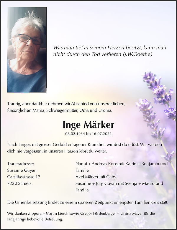 Todesanzeige von Inge M&auml;rker, Schiers