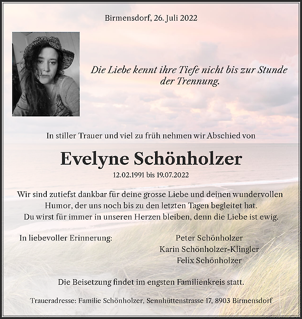 Todesanzeige von Evelyne Sch&ouml;nholzer, Urdorf