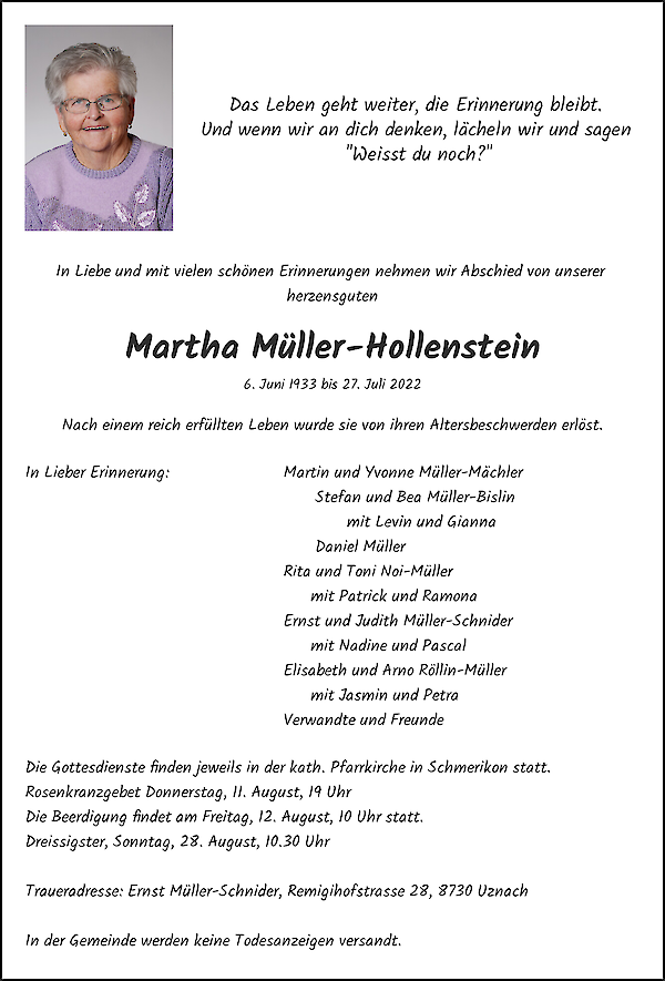 Todesanzeige von Martha M&uuml;ller-Hollenstein, Schmerikon