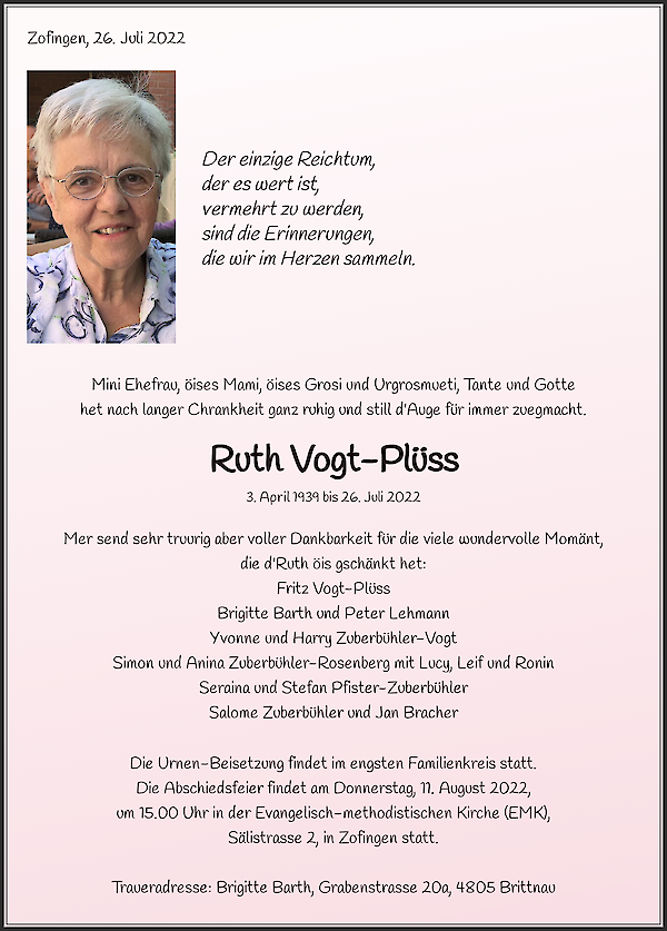 Todesanzeige von Ruth Vogt-Pl&uuml;ss, Zofingen