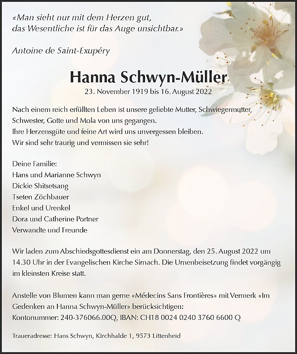 Todesanzeige von Hanna Schwyn-M&uuml;ller, Littenheid
