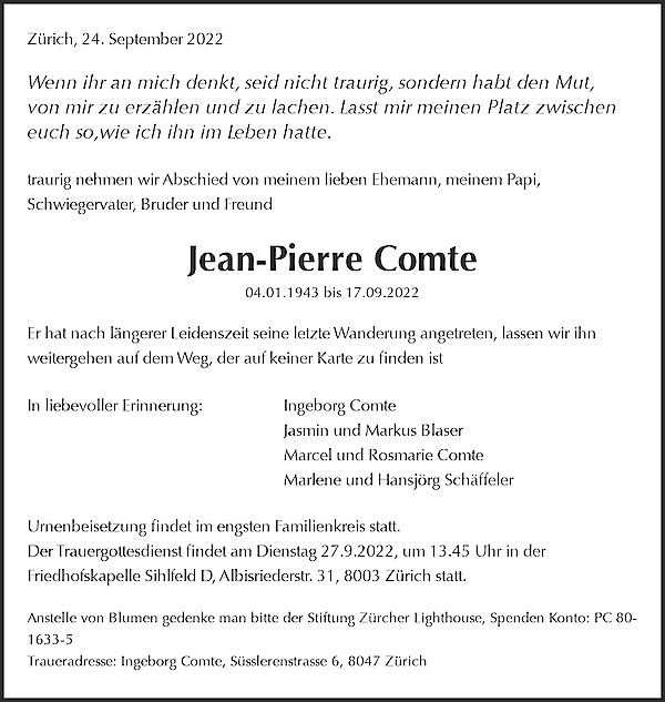 Todesanzeige von Jean-Pierre Comte, Z&uuml;rich