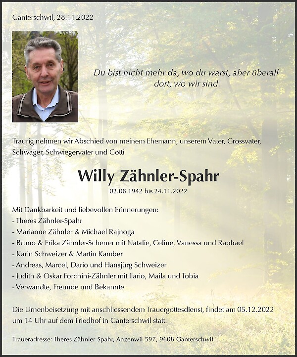 Todesanzeige von Willy Z&auml;hnler-Spahr, Ganterschwil