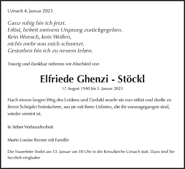 Todesanzeige von Elfriede Ghenzi - St&ouml;ckl, Schmerikon