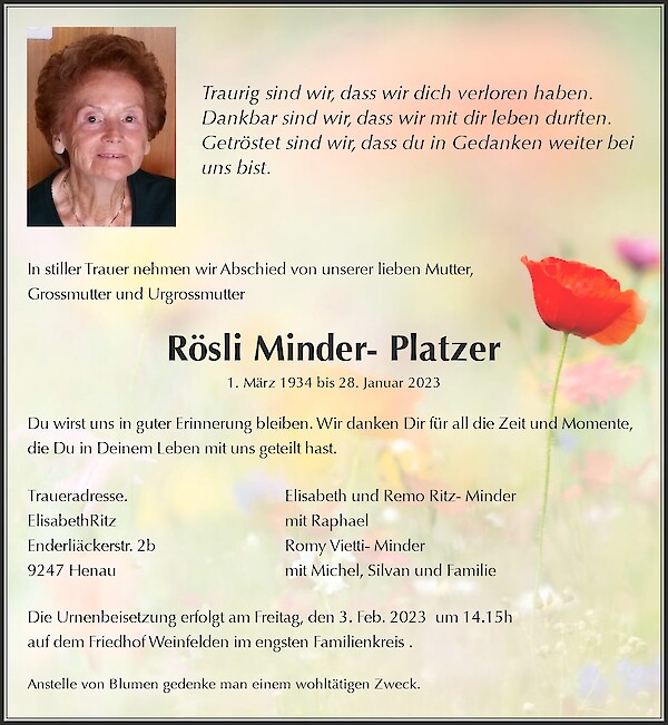 Todesanzeige von R&ouml;sli Minder-Platzer, Weinfelden
