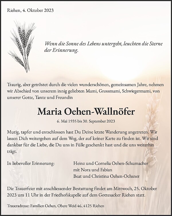Todesanzeige von Maria Oehen-Walln&ouml;fer