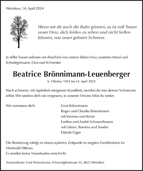 Todesanzeige von Beatrice Br&ouml;nnimann-Leuenberger