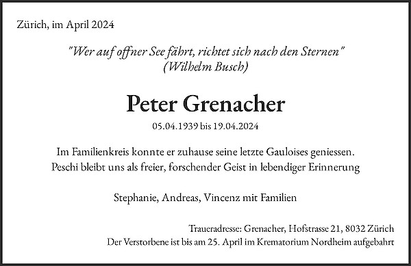 Todesanzeige von Peter Grenacher, Z&uuml;rich