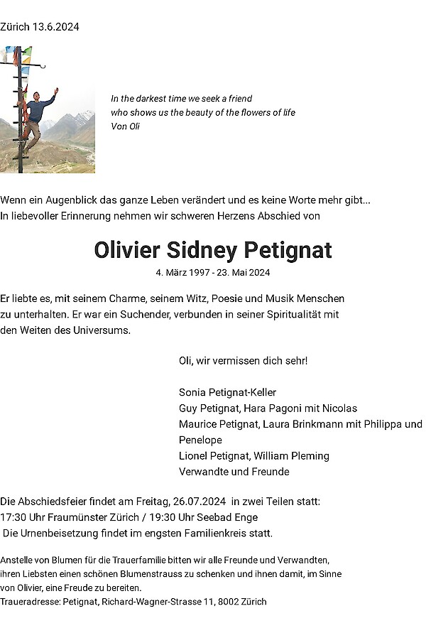Todesanzeige von Olivier Sidney Petignat, Z&uuml;rich