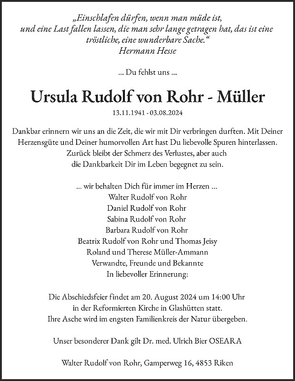 Todesanzeige von Ursula Rudolf von Rohr - M&uuml;ller