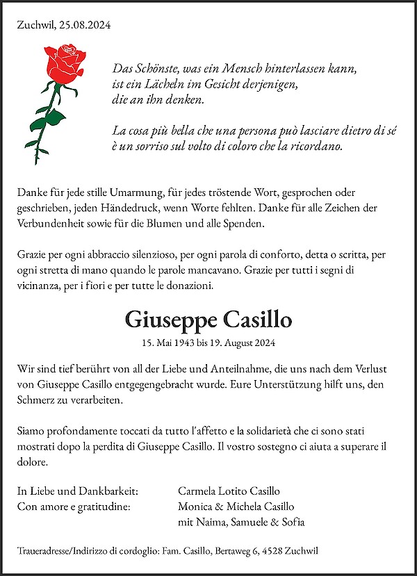 Danksagung von Giuseppe Casillo, Zuchwil