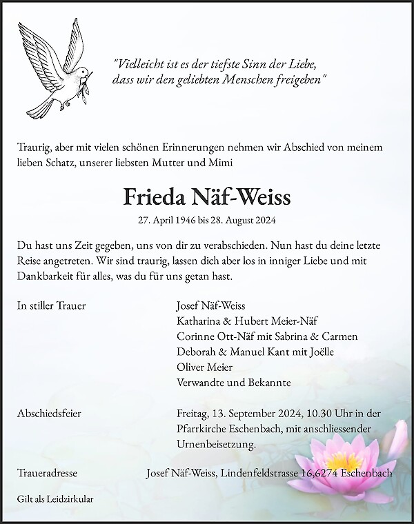Todesanzeige von Frieda N&auml;f-Weiss, Eschenbach