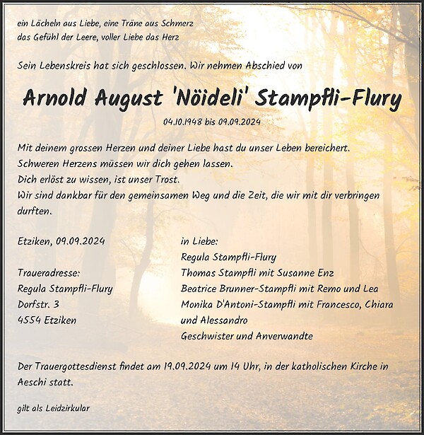 Todesanzeige von Arnold August 'N&ouml;ideli' Stampfli-Flury