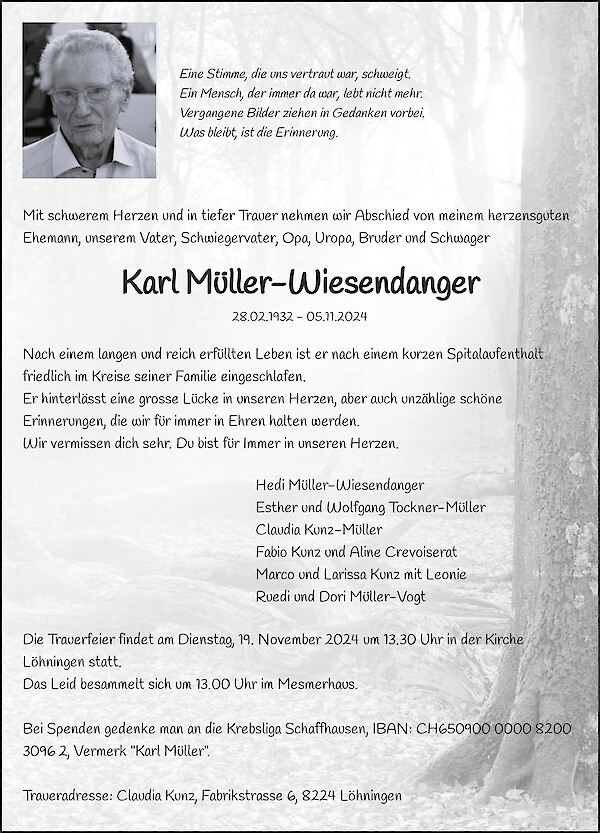 Todesanzeige von Karl M&uuml;ller-Wiesendanger