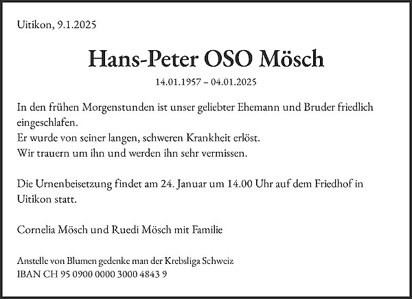 Todesanzeige von Hans-Peter OSO M&ouml;sch